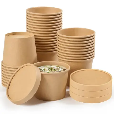 10PCS Gifts Disposable Kraft Paper Bucket Bowl with Lid Hot Soup Bowl Takeaway Packing Boxes 8oz/12oz/12oz Kraft Paper Lunch Box