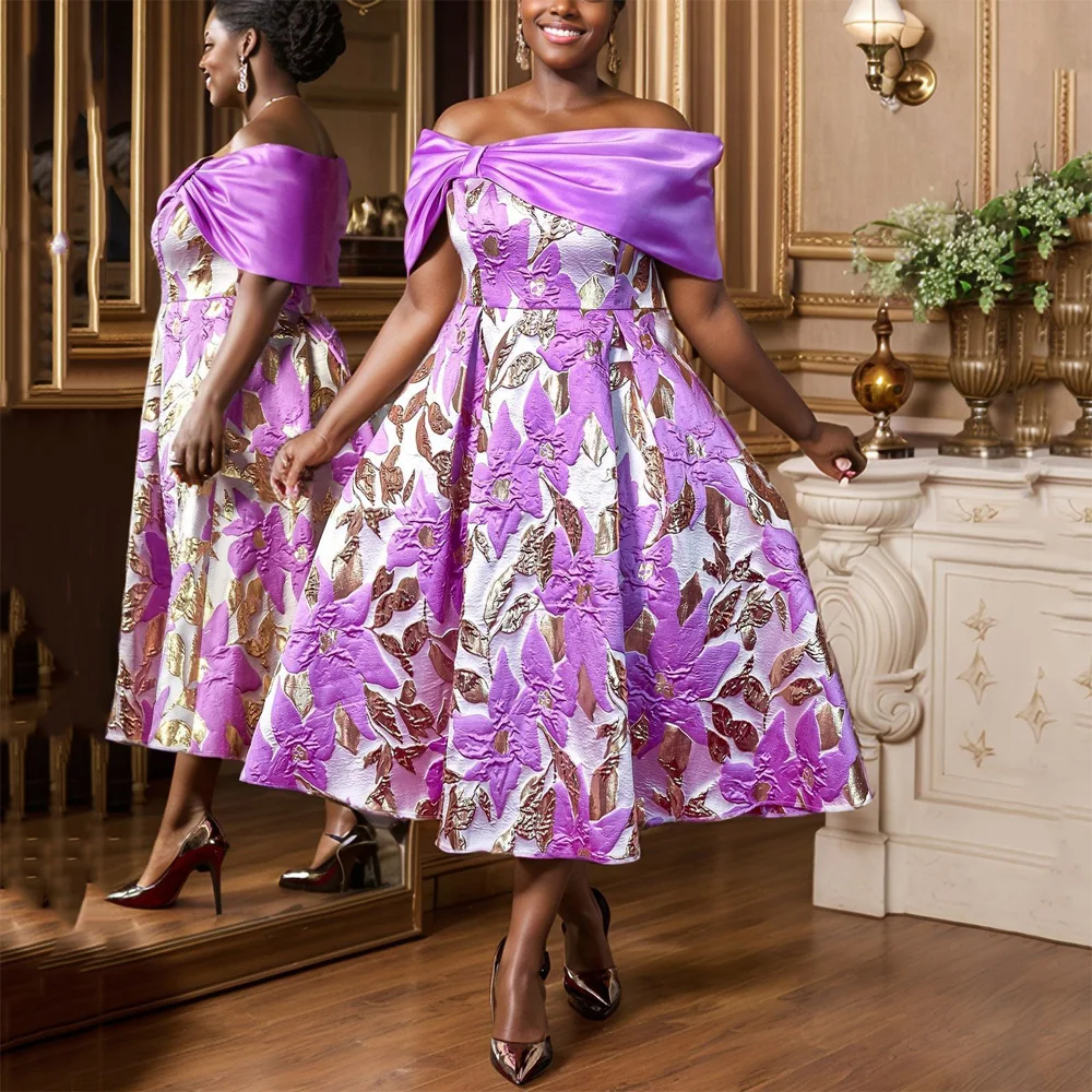 

Luxury Purple Dresses for Woman 2025 New Off the Shoulder Big Bow Decorate Pleated Mid Calf Luxury Birthday Party Vestidos Mujer