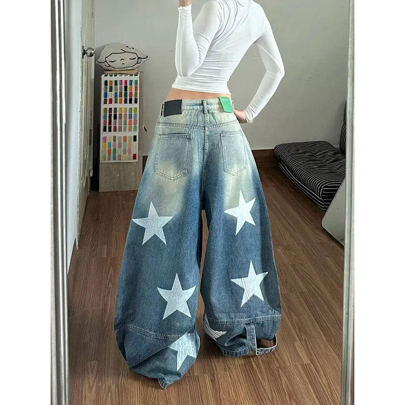 Women's Star Print Wide Leg Jeans Autumn Winter New American Style Loose Baggy Tapered Trousers Casual Streetwear Denim Pants