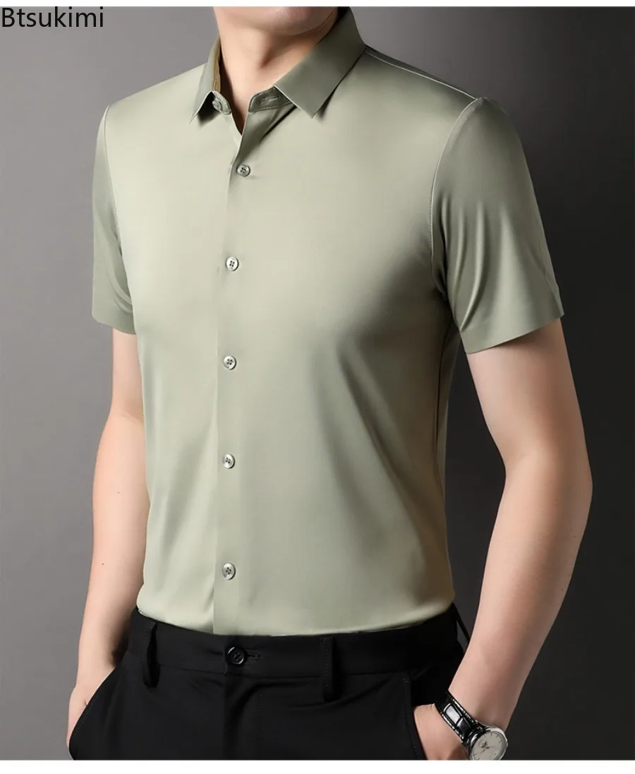 Camisa de manga corta de seda helada para hombre, camisa de negocios informal lisa y cómoda a la moda, blusa Formal elástica ajustada para verano 2024