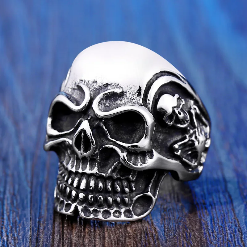 Gothic Retro Stainless Steel Alternative Skull Head Ring Hip-hop Punk Style Men's Domineering Tail Ring Decoration Accessories