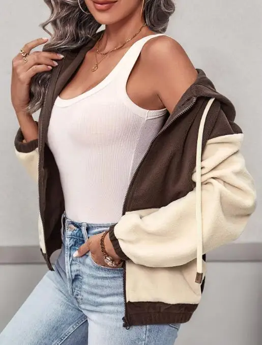 

Women's Elegant Color-Block Fleece Hoodie Full-Zip and Drawstring Detail for Chic Casual and Cool-Weather Wear