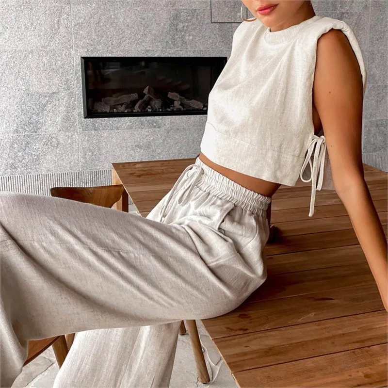 Women Linen Fashion Sleeveless Top Pants Set Lace Up Crop Tank Drawstring Trouser Suits Outfit Two Piece Matching Set For Women