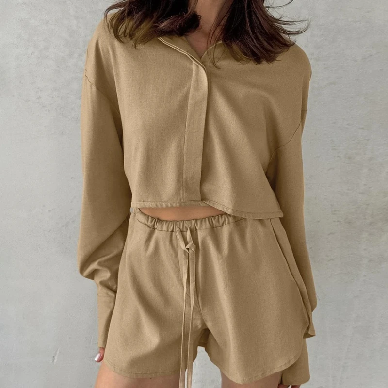 Women's 2 Piece Cotton Linen Outfit Loose Short Sleeve Button Down Shirt Drawstring Elastic Waist Shorts Set Summer Beach Wear