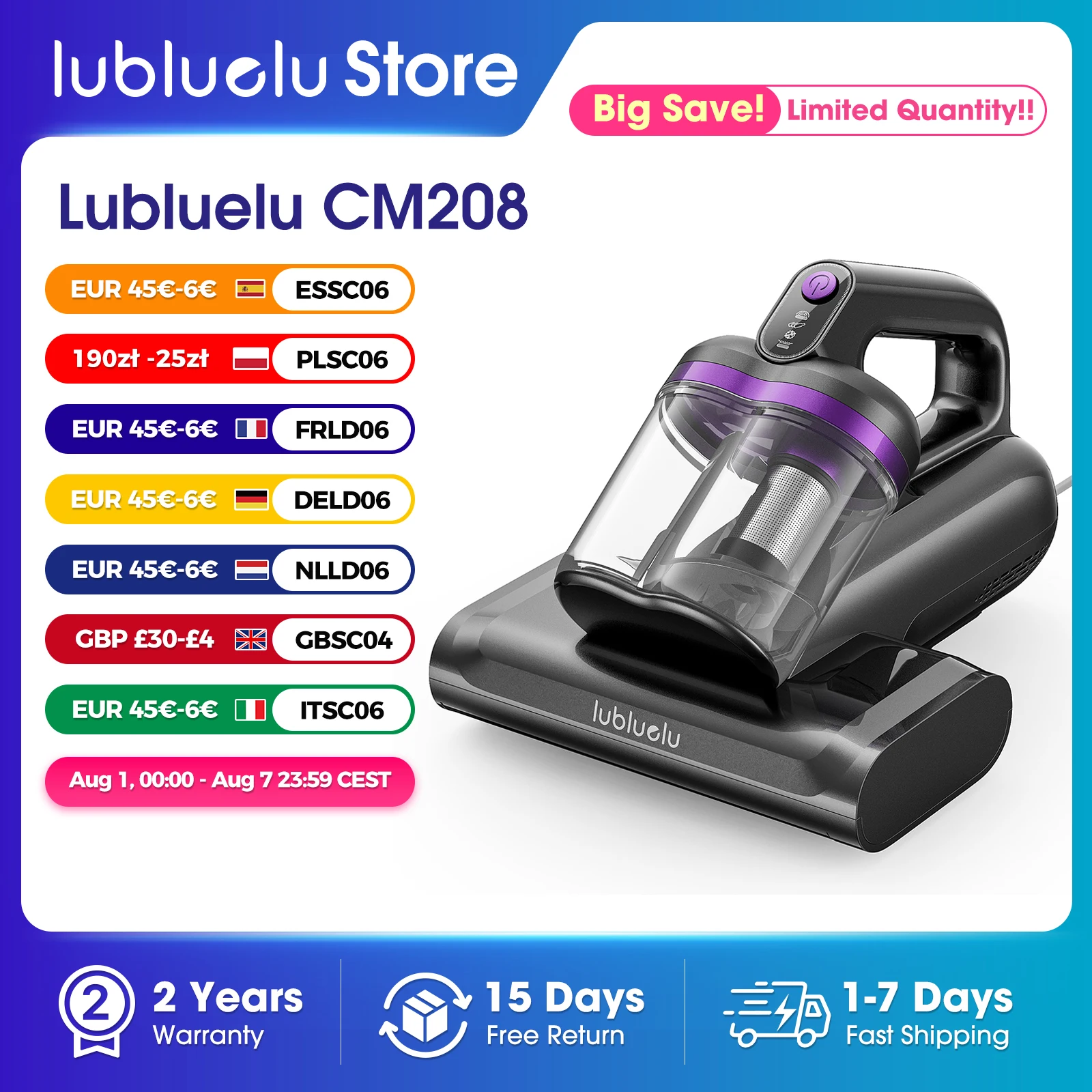 Aspirateur à main sans fil CM208 pour matelas avec séchage à air chaud, filtre HEPA et vibration ultrasonique 15KPa pour lit, canapé, tapis