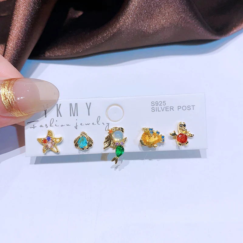 MIGGA 5pcs Fairy Tale Small Princess Stud Earrings Set Fashion Cubic Zircon Women Girls Gift Jewelry