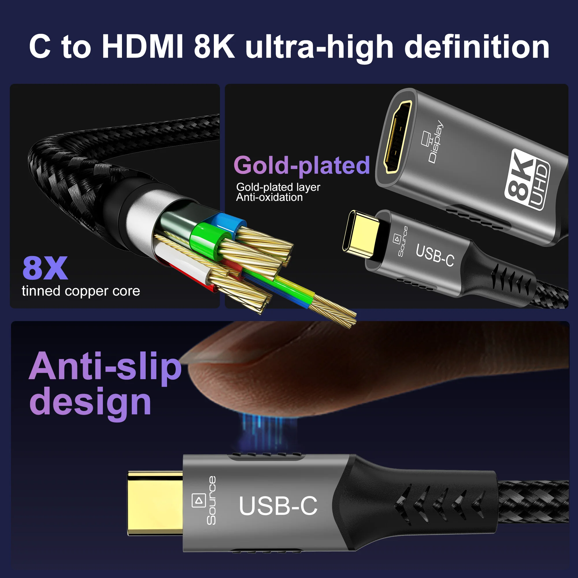 8K@60Hz Type C to HDMI Converter Cable Thunderbolt 3/4 Compatible for iPad Pro/Dell XPS/Surface - Image 4
