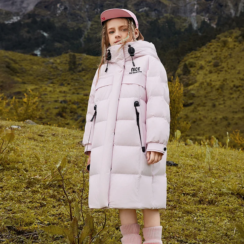 RAISE YOUNG -20 Degree Children Girls Down Jacket Thick Warm Hooded Windproof Kids Girls Parkas Teens Girls Mid-length Outerwear