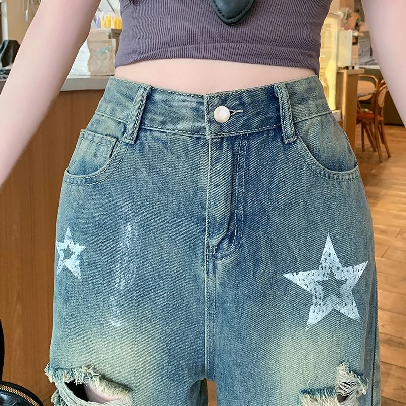Calças de brim azuis impressão feminina vintage cintura alta carga jeans em linha reta verão casual solto tamanho grande perna larga denim calças largas y2k
