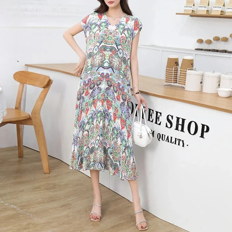 

ALSEY Miyake эластичное плиссированное платье с принтом, лето 2021, новая модная повседневная свободная юбка с коротким рукавом и v-образным вырезом