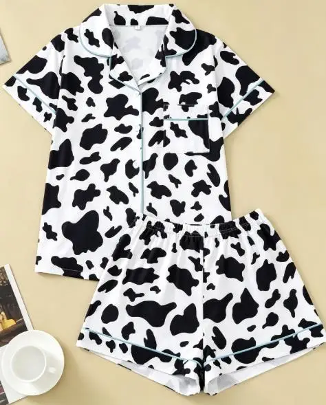 Cute Cow Spot Pattern Ladies Loungewear Set Turn‑down Collar Button Top Short Pant Nightwear Outfit