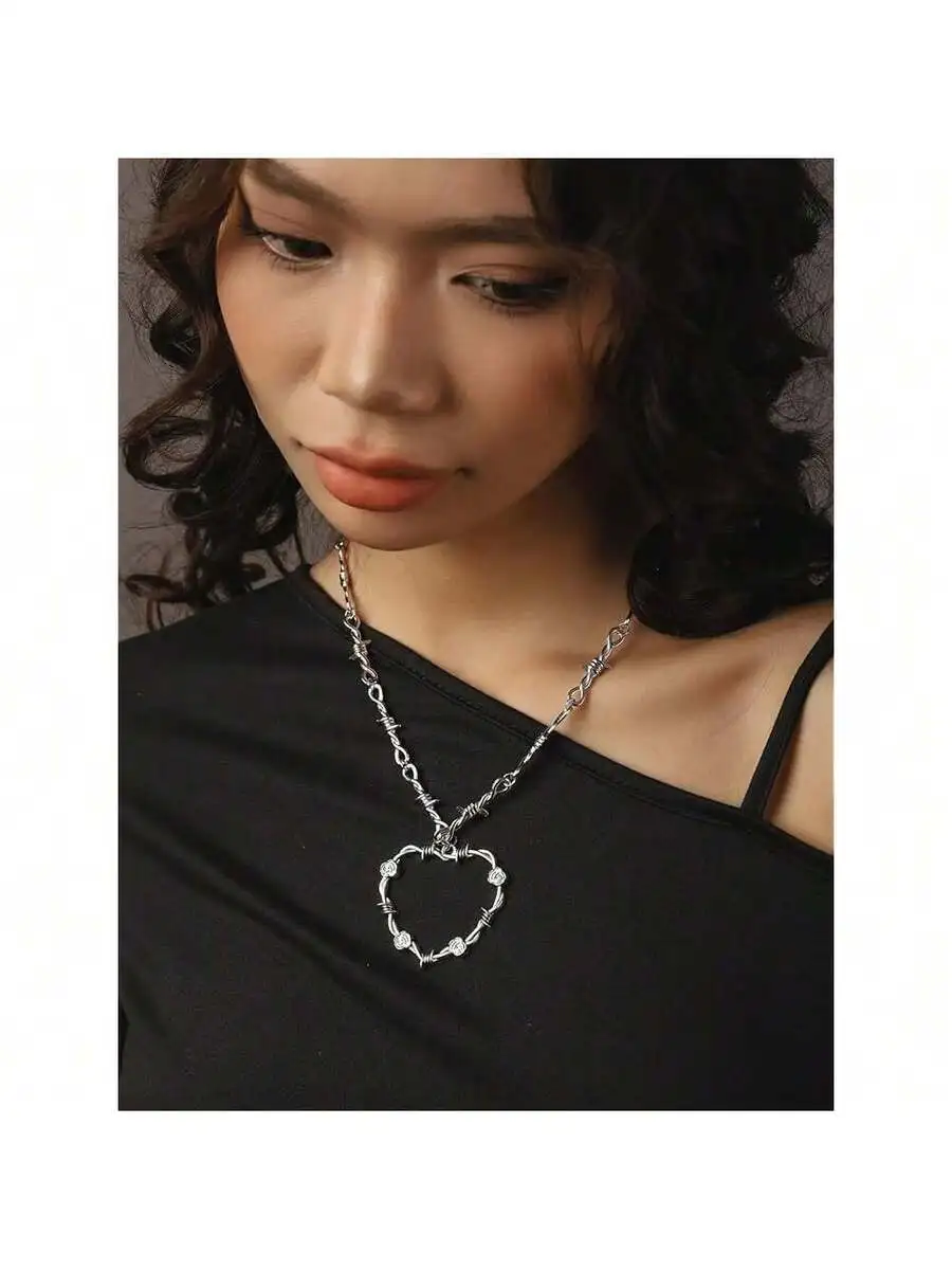 

Gothic Barbed Wire Heart Pendant Necklace Punk Grunge Jewelry For Women