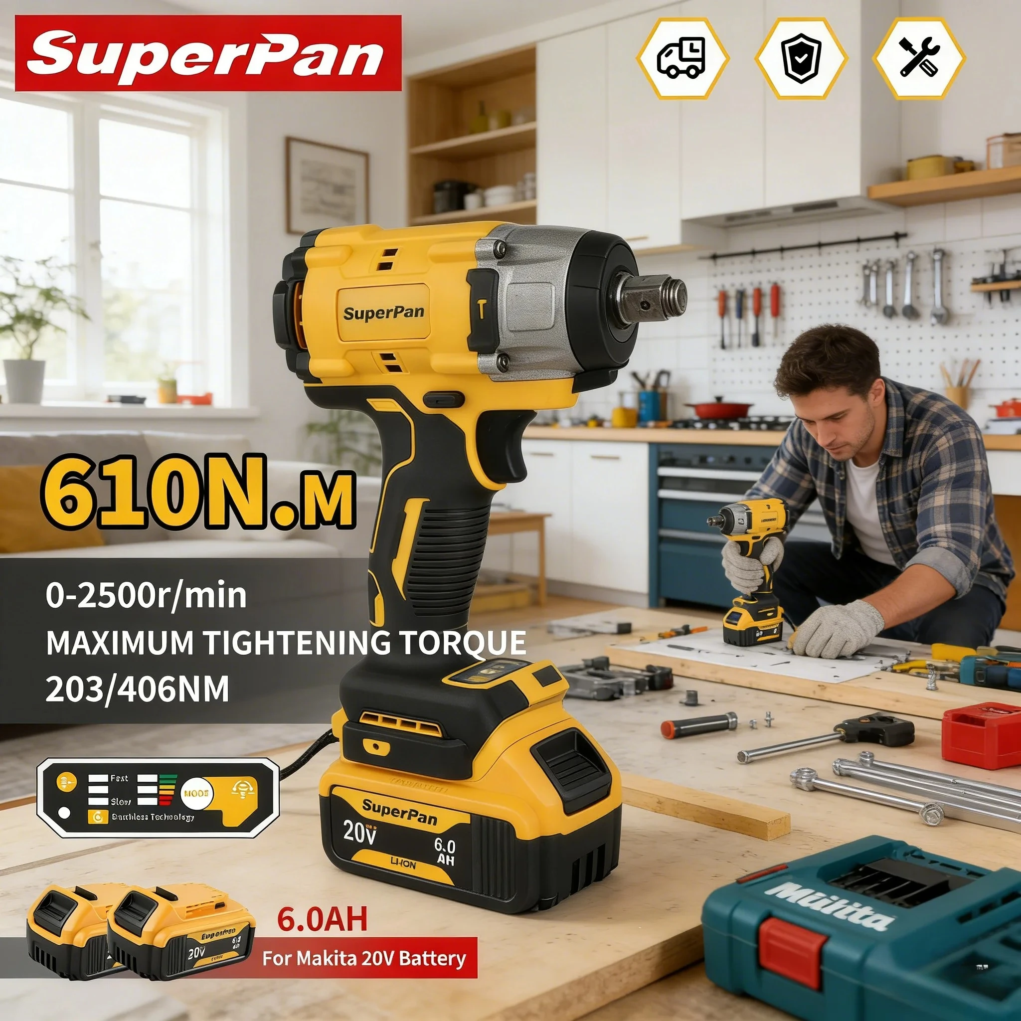 

SuperPan Brushless Impact Wrench High Torque Heavy Duty Automotive Repair Portable Tightening 610Nm 1/2" for Dewalt 20V Battery