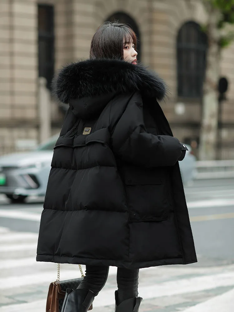 High grade Real Raccoon Fur collar Down Snow Jacket Women\'s 2024 Winter New Loose White Duck Down Coat Female Warm Hooded Parkas