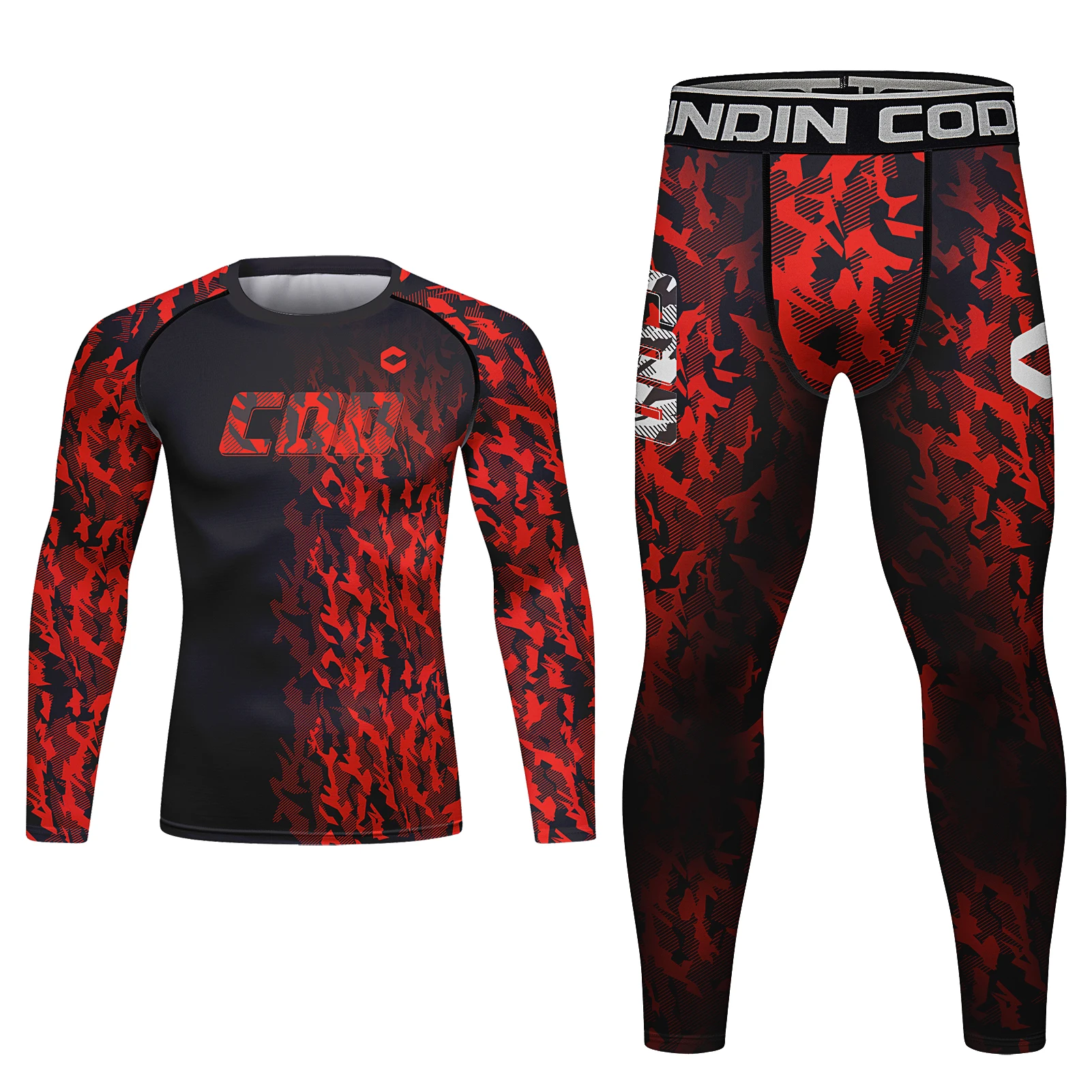 4 PCS Men\'s Running Set Gym Jogging Underwear Red Compression Fitness MMA Rashgard Male Quick-dry Red Camo Tights Track Suit