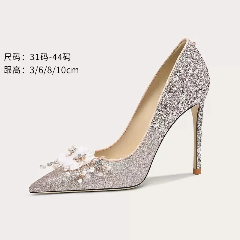 

Spring and summer new pointy sequin flower wedding shoes thin high heels banquet dress large and small women's single shoes