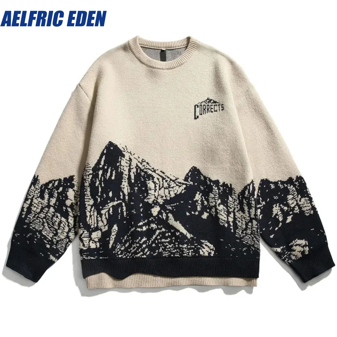 Aelfric Eden Knitted Mountain Pullover Jumpers Vintage Sweaters Streetwear 90s Hip Hop Autumn Harajuku Casual Loose Knitwear