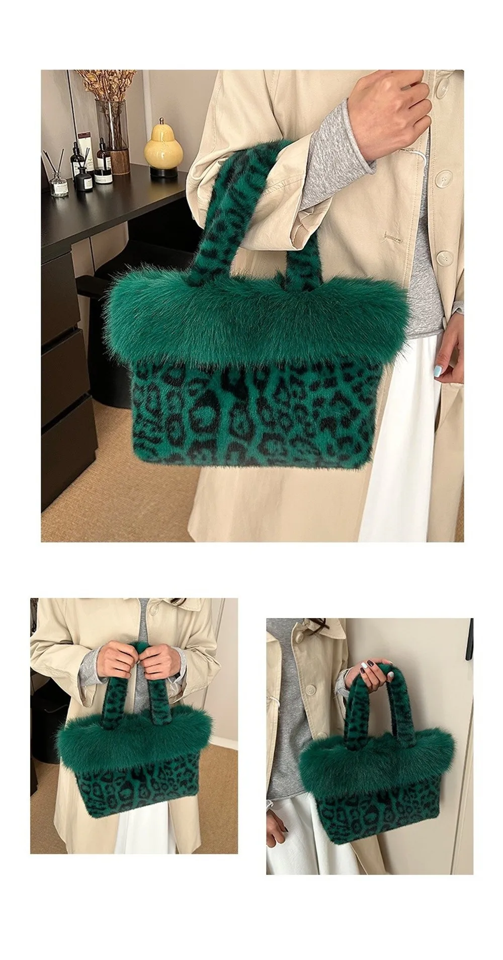 Modische Leopardenmuster-Fell-Tragetasche Warme Weiche Schultertasche Große Kapazität Flauschige Handtasche für Damen – Detail 5