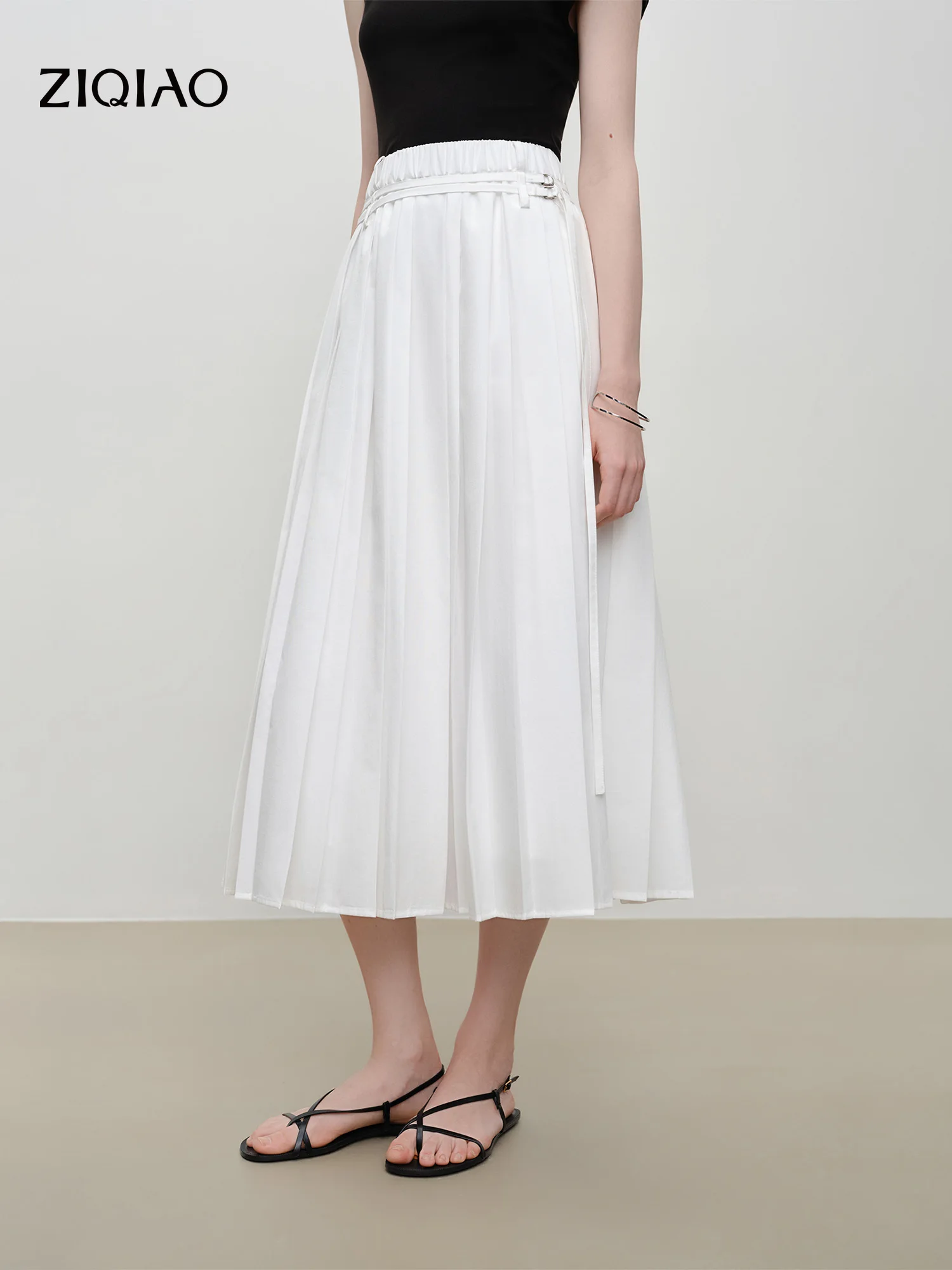 

ZIQIAO 2026 Summer Women Double-Belt Design White Pleated A-Line Midi Skirt High Waist Skirt for Effortless Eleganc Soft Style