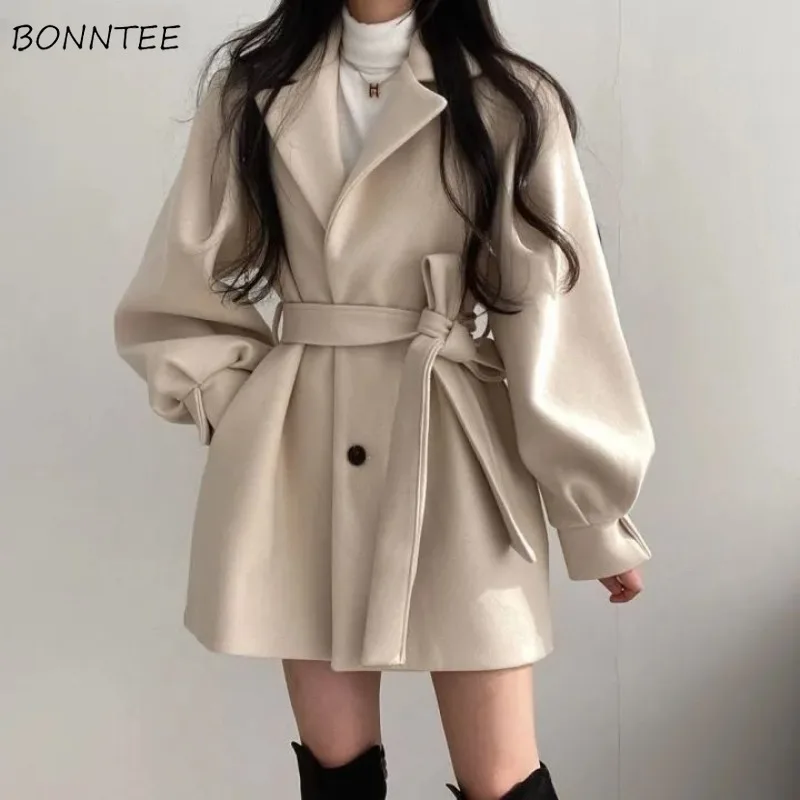 

Woolen Coat Women Jacket Autumn Winter Elegant Short OL Slim Turn-down Collar Simple Chic Overcoats Fashion New