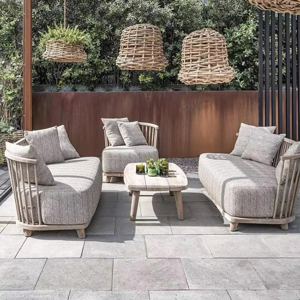 

Высококачественный комплект мебели для скандинавского патио, вилла, садовые диваны на заднем дворе, всепогодная мебель из тикового дерева, уличный диван, набор