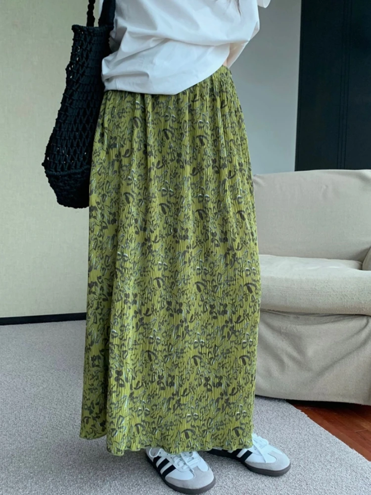 Wrinkled Green Pleated Skirt Women 2023 Spring Summer Print Skirt Korean Style Vintage High Waisted Back Jag Long Skirts rok