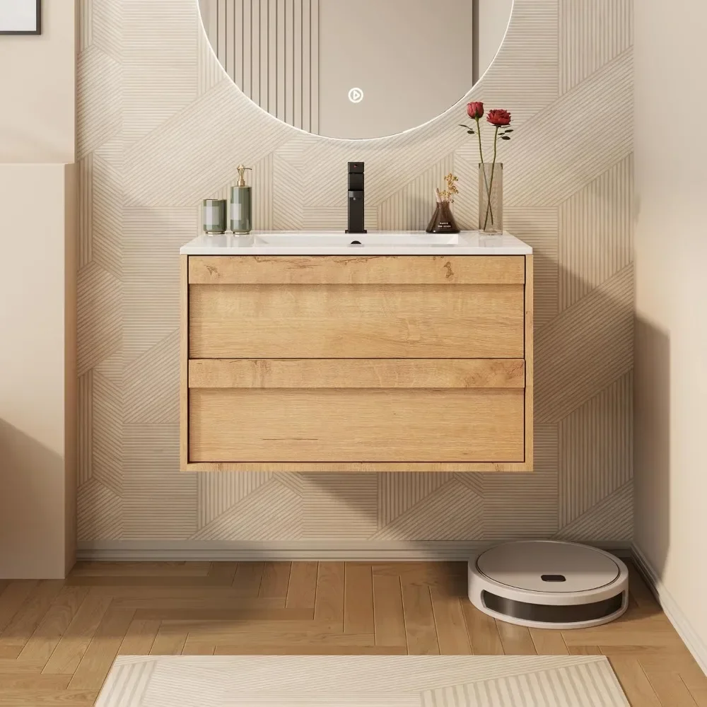 

Bathroom Dresser,30" Floating Bathroom Vanity With Ceramic Integrated Sink Combo, With 2 Drawers, Floating Vanitys