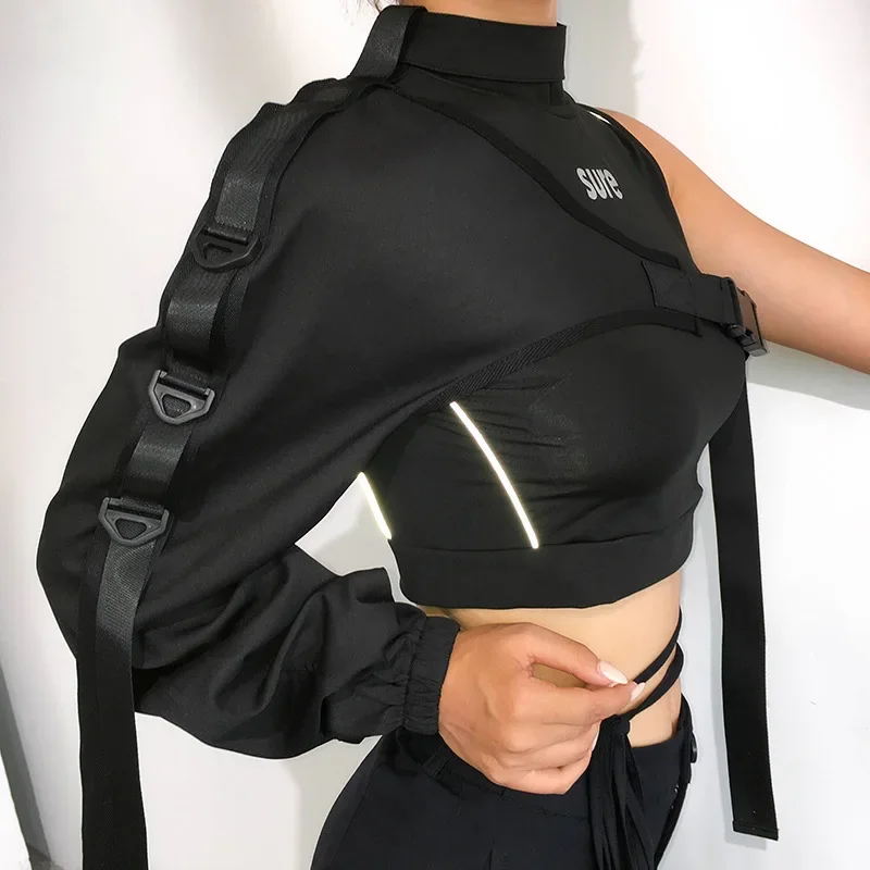 Trendige Damenbluse mit einem Schulterträger, asymmetrischem Schnitt und langen Ärmeln, europäisch-amerikanischer Street-Jazz-Tanz-Performance-Top – Detail 2