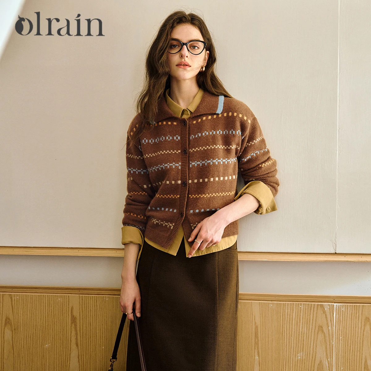 

OLrain женский вязаный кардиган, осень 2021, с отложным воротником, свободный крой, свитера, повседневные винтажные топы, женская одежда O57QM001033