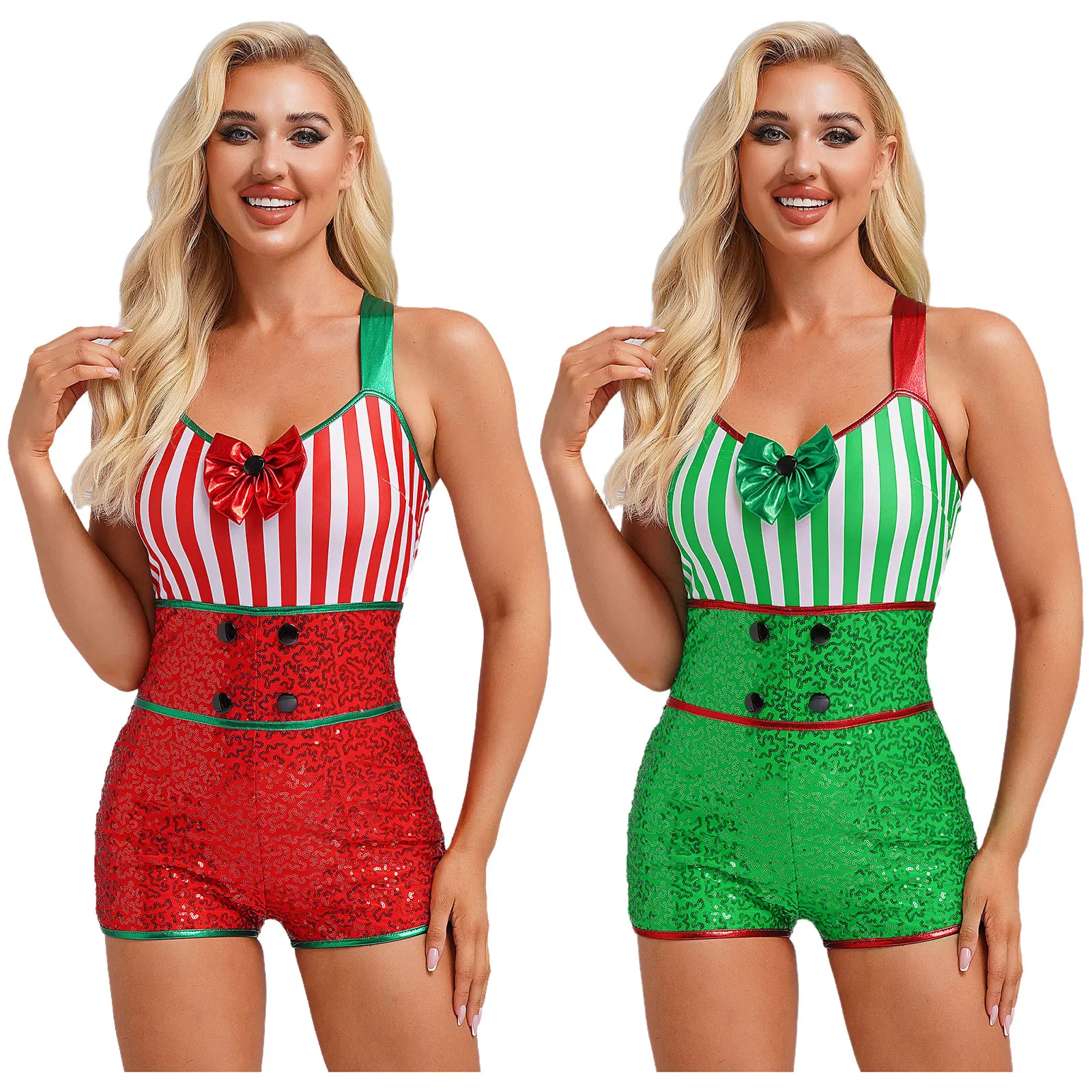 

Женский рождественский купальник с блестящими пайетками и бантом в полоску, боди из конфетной трости, балетный танцевальный гимнастический купальник для рождественского карнавала, косплея, вечеринки