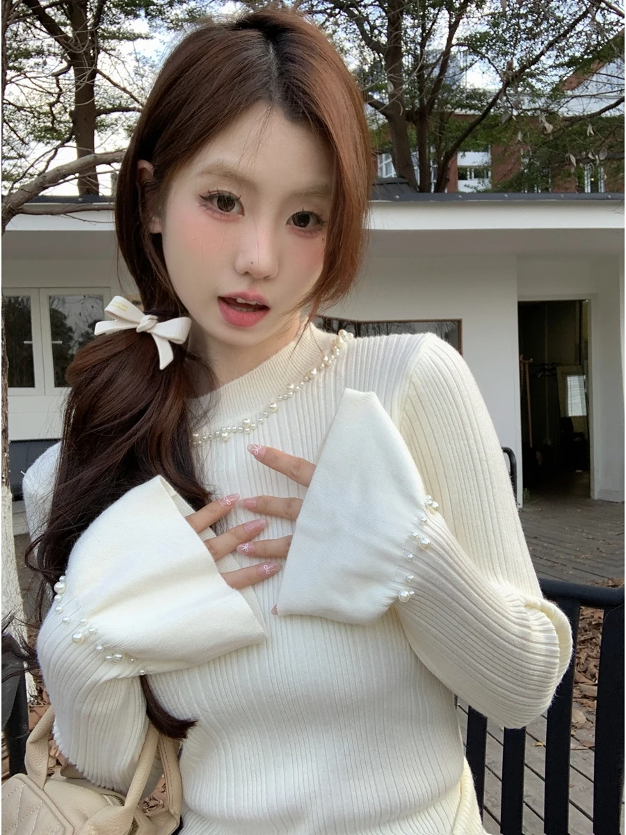 

Stunning Beaded Slim Fit Knitted Base Layer Top Fashionable Bell Sleeve High End Sweater Soft Cotton Blend Long Sleeve round ...