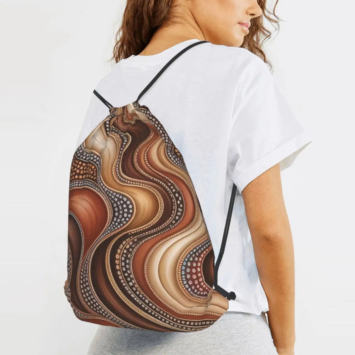 Mochilas bohemias maximalistas de color taupe con diseño ondulado, bolsas multifuncionales con cordón, bolsa de almacenamiento, bolsas para libros para hombres, mujeres y estudiantes