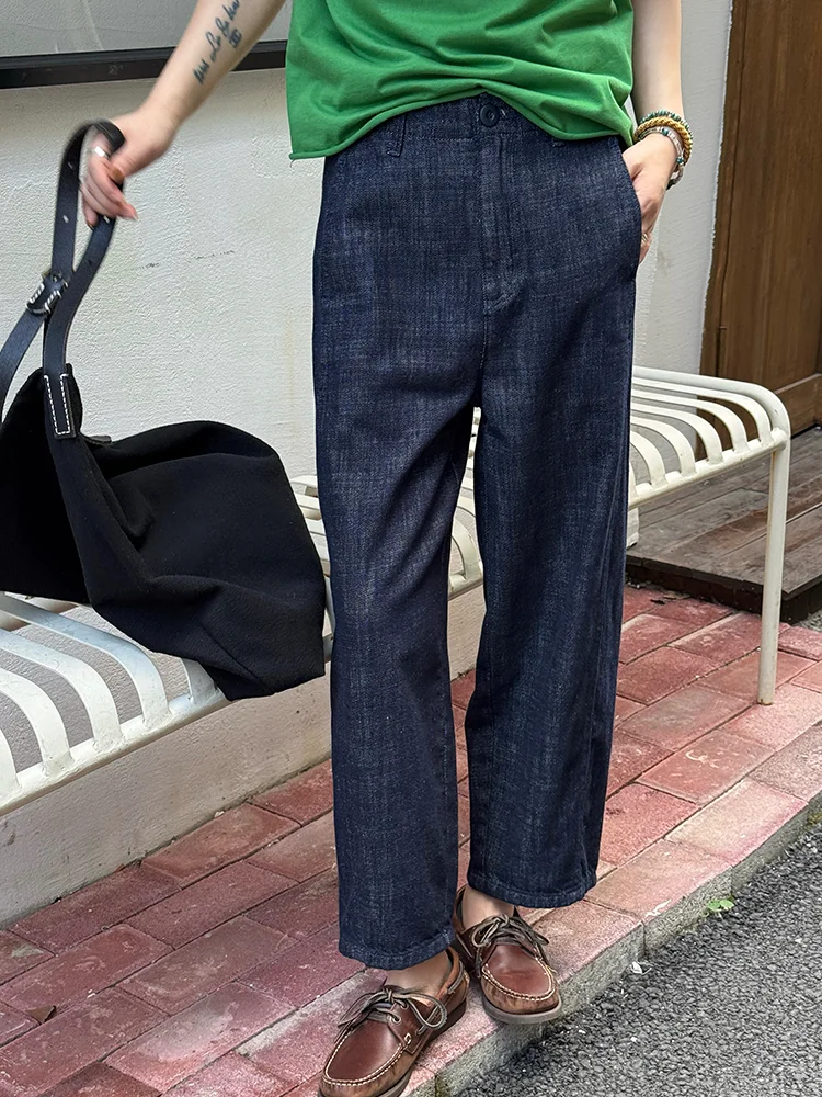 

Loose Wide Leg Blue Jeans Women's Autumn New Sle Small Size Straight Nine Points Pants Comfortable Cotton Linen Blend