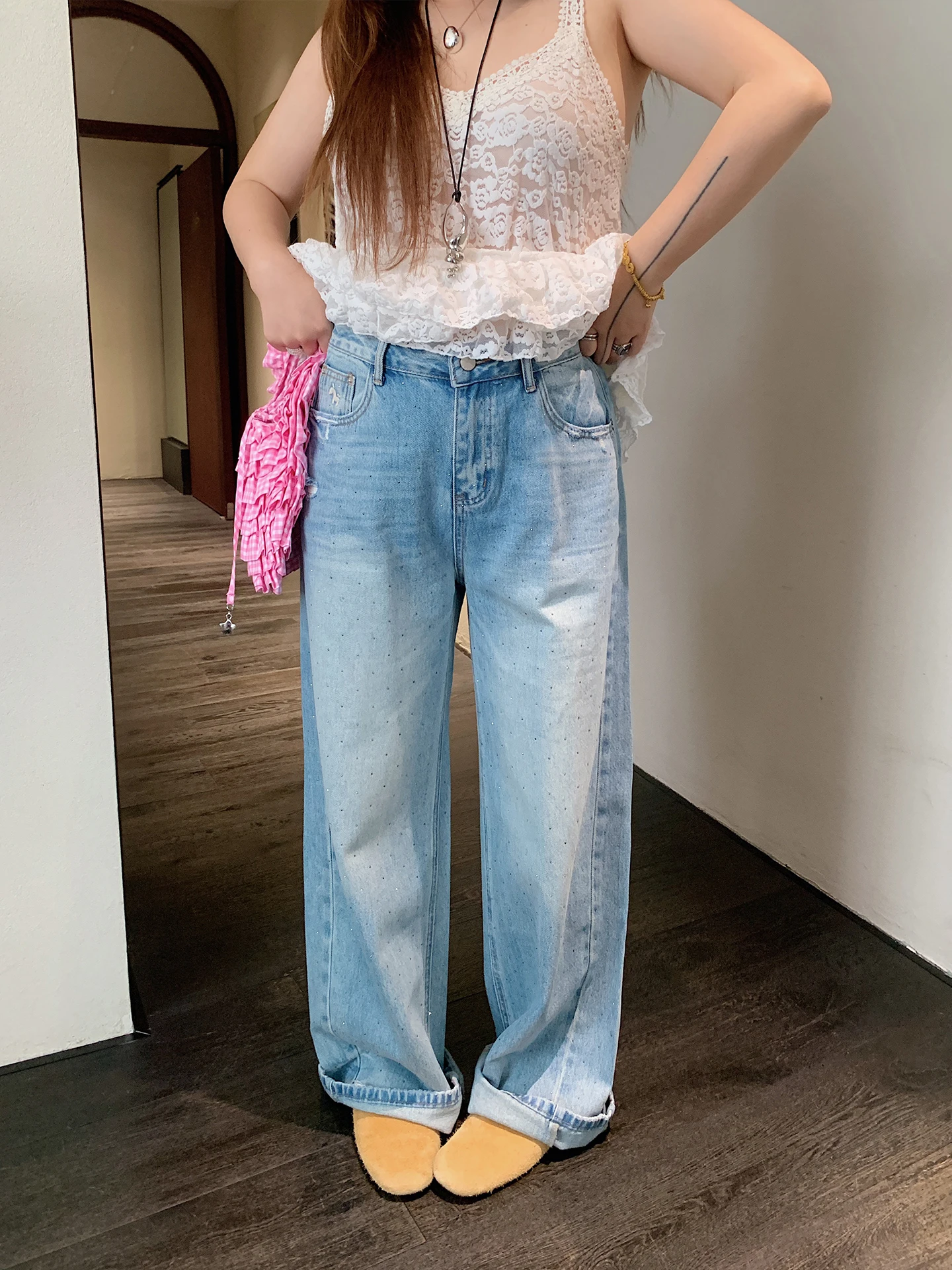 

Dazi Women's High Waist Diamond Embellished Jeans Spring 2026 New Style plus Size Slimming Versatile Straight Leg Jeans