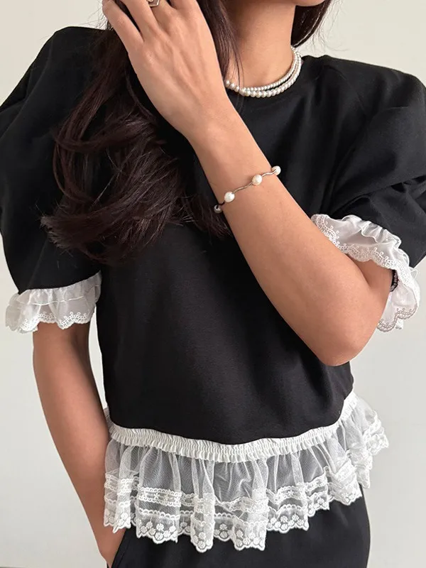 Conjunto de moda coreana para mujer, Top corto con empalme de encaje y manga de burbuja, falda de media longitud adeazante ...