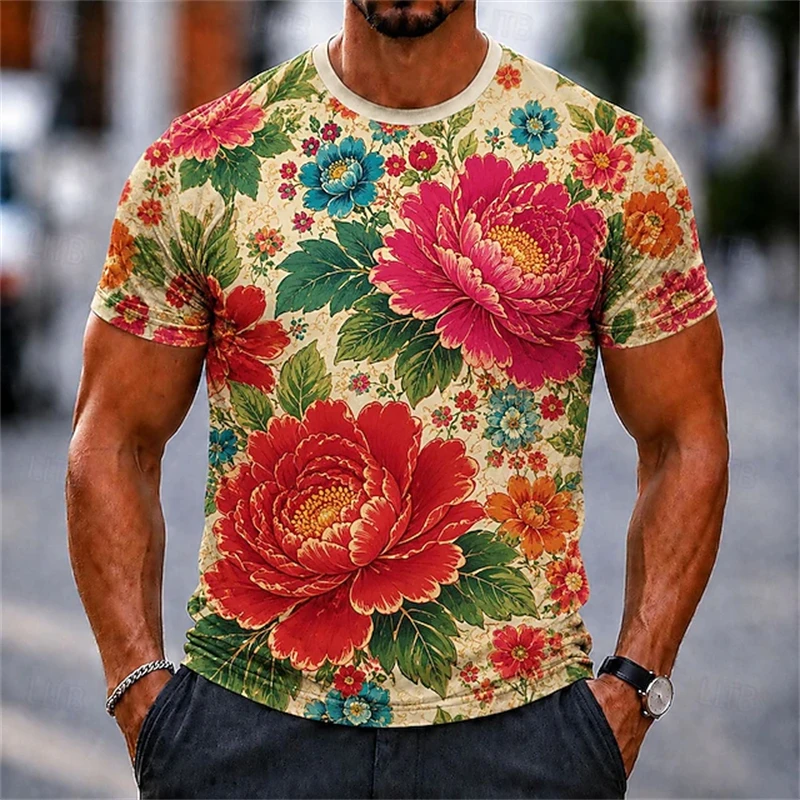 2026 New Men's 3D-Printed Floral Print T-Shirt Retro Street Style Men's Short-Sleeve Lightweight And Breathable Men's Top