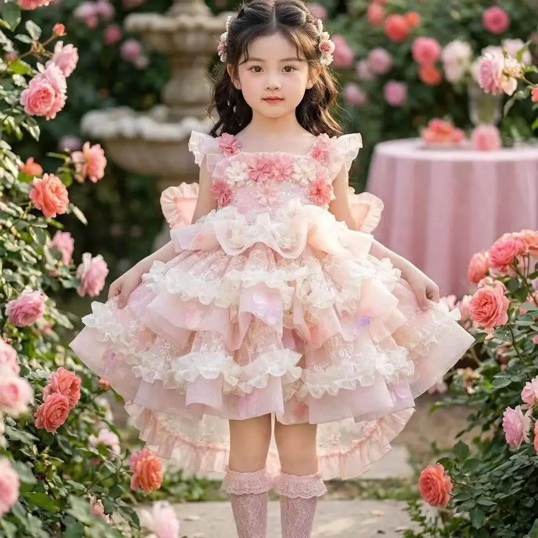 Girl Summer Lolita Pink Flower Fairy Pengpeng Dress Children Baby Birthday High End Princess Dress
