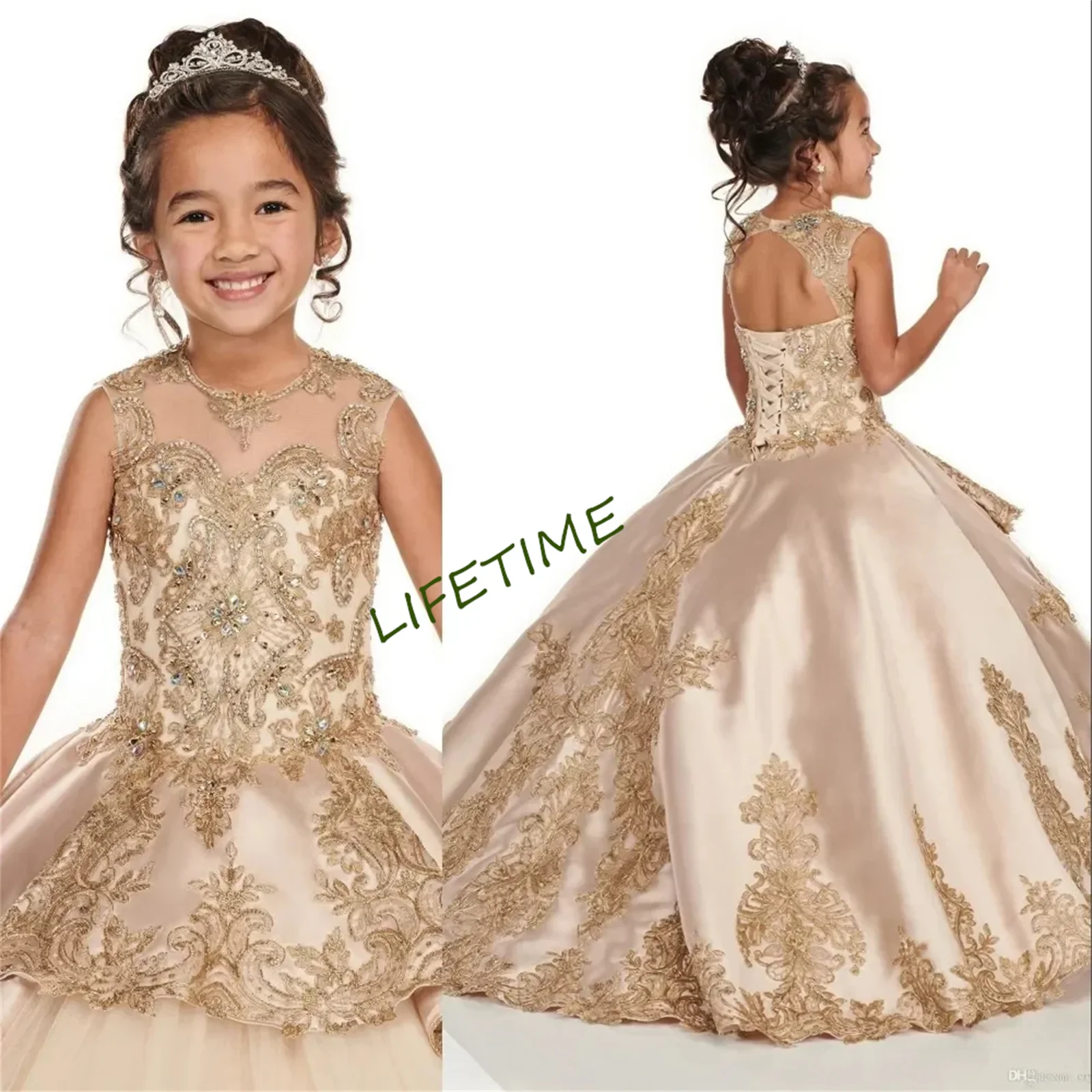 فستان فتاة الزهور الرائع فساتين Quinceanera الذهبية ثوب حفلة لطيف تول يزين مطرز لحفلات الزفاف فساتين السهرة #5