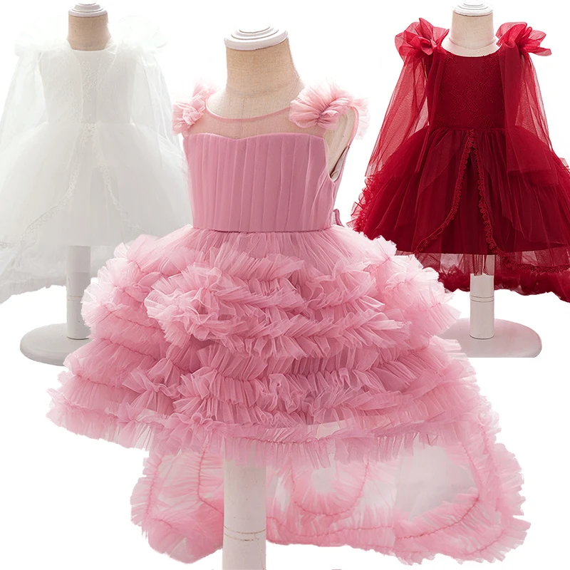 

Elegant Baby Girl Floor Length Tail Cocktail Dress Fluffy Tulle Infant Birthday Party Lace Flower Toddler Christening Ball Gown