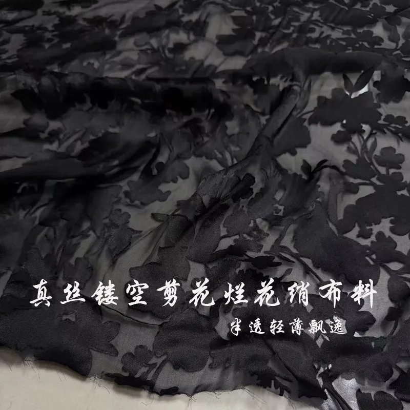 Designer Cloth Opal-Finished Crepe Clothing Fabric Black Hollow-out Semi-Transparent Light Silk Fabric Dress European Style Top
