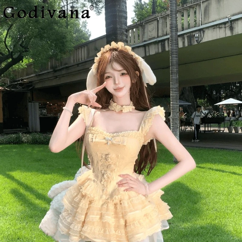 Doce bowknot vestido de pescoço quadrado para mulheres estilo japonês manga voadora com vestido de renda feminino verão princesa vestido bonito