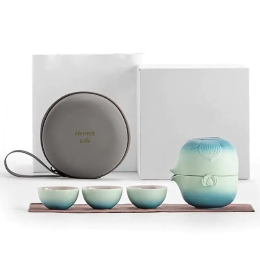 

Zen Lotus Design Travel Teapot Portable Ceramic Tea Set 1 Pot 1 Fairness Cup and 3 Mini Cups Tea Ceremony Set for One to Three