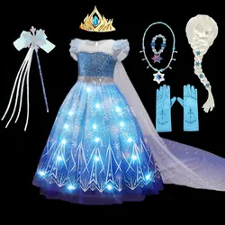 Disney Elsa Role Playing Dress Light Up Kids Halloween Frozen Carnival Apparel Girls Birthday Elsa Princess Glowing Vestidos