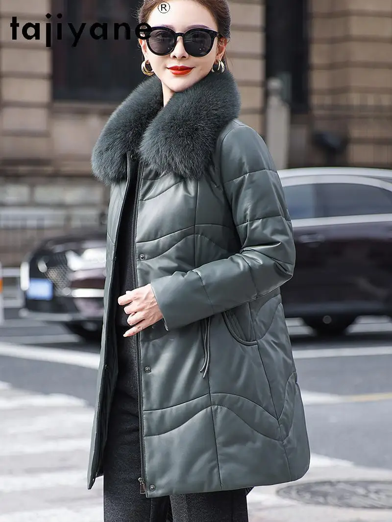 TAJIYANE Real Sheepskin Duck Down Coat Women Chic Green Genuine Leather Jacket Fox Fur Collar Coats Winter Woman Clothes 2025 코트