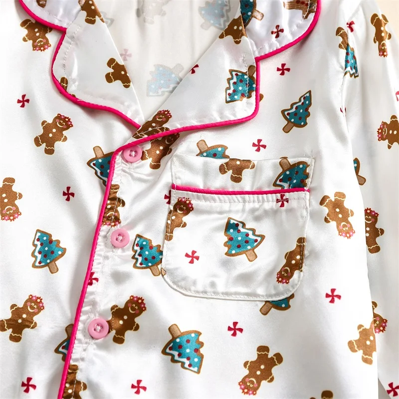 Kids Christmas Pajama Sets Gingerbread Man Print Lapel Neck Button-up Tops Long Pant Autumn Satin Loungewear Set