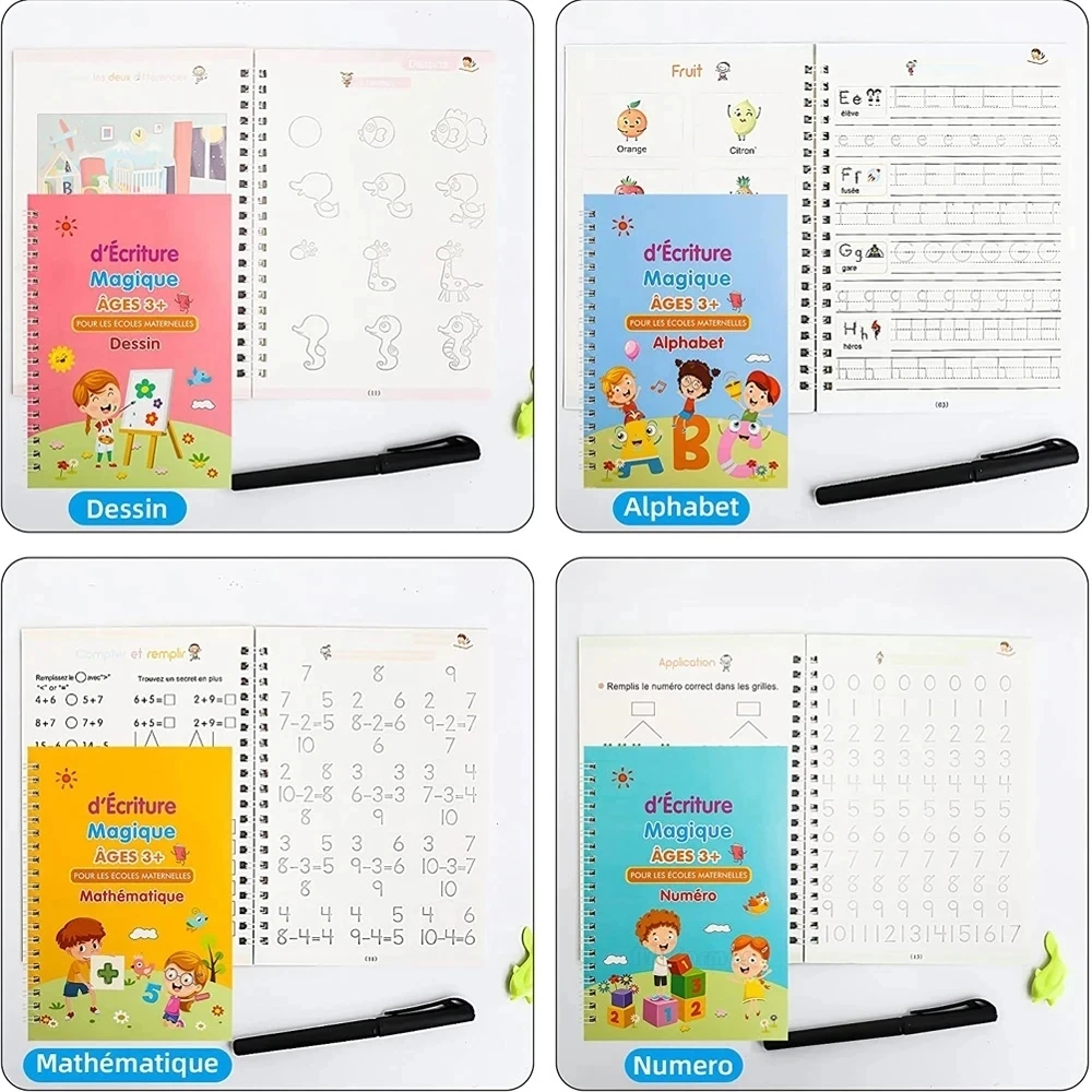 4 libros/juego de libros de escritura mágicos franceses para niños, cuadernos de matemáticas, caligrafía Montessori, aprender a escribir, libro de copia francesa 3D