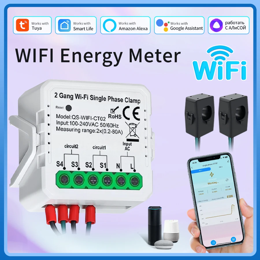 

Tuya Smart Wifi Energy Meter 1CH 2CH Current Transformer Clamp 80A Solar PV System Power Production Consumption Monitor 100-240V