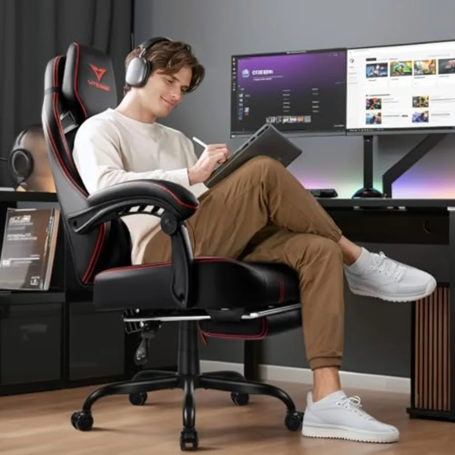 Big and Tall Gaming Chair for home office use, premium PU leather, black, 400lb capacity with retractable footrest