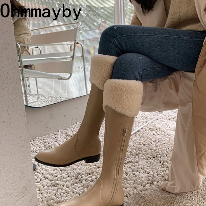 

Winter Women Warm Plush Knee High Boots Fashion Low Heel Shoes Female Mordern Slim Long Booties botas de inverno feminina