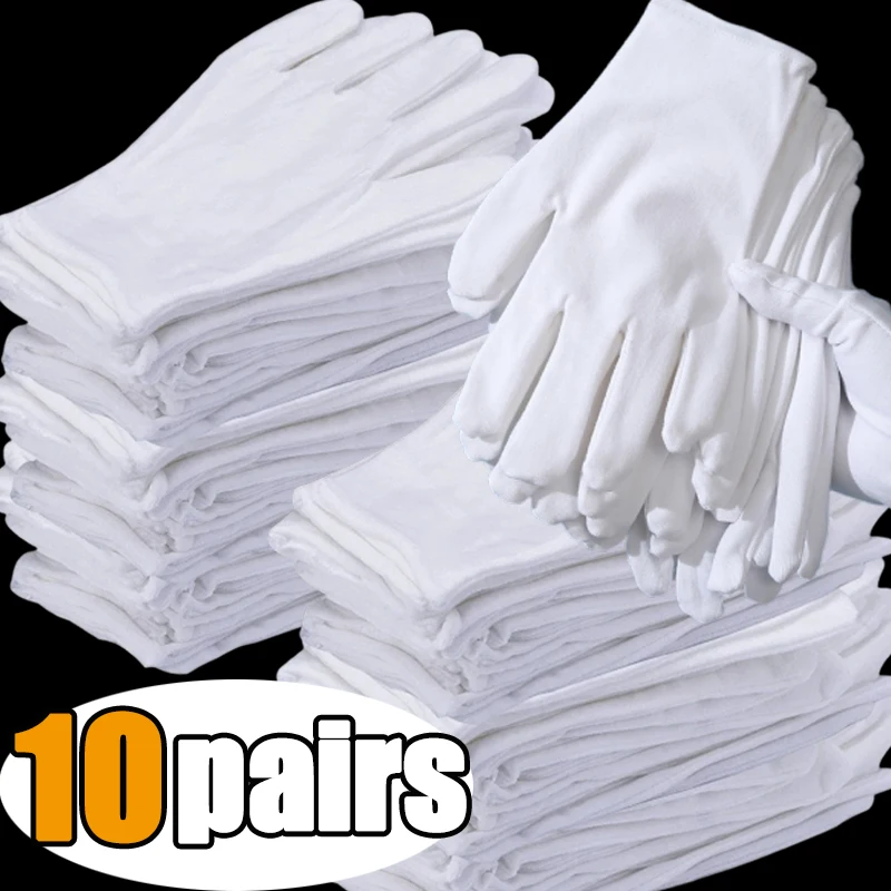 1-10 Pairs Men Women Full Finger Etiquette White Cotton Gloves Waiters/Drivers/Jewelry/Workers Mittens Sweat Absorption Gloves